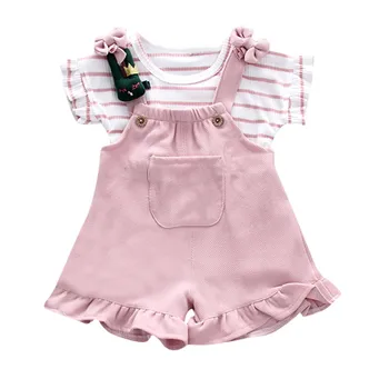 

Kids Baby Girls Summer Striped Short Sleeve Shirt+Suspenders Shorts Sets girl clothing teenage children clothing set