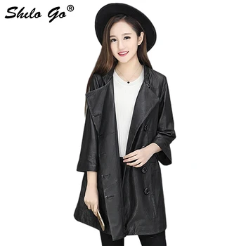 

Fashion Street Women's Long Mandarin Collar Button Flare Sleeve sheepskin Genuine Leather coat Ladies Casual Jackets