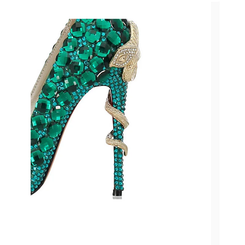 Зелеными кристаллами ручной работы; комплект: туфли со змеиным узором на высоком каблуке Для женщин насосы носок для банкетов и свадеб модная обувь туфли на высоком каблуке со стразами Для женщин класса люкс
