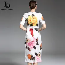 2017 Spring Summer New Runway Designer Dress Women's High Quality Half Sleeve Mid Calf Elegant Rose Printed Dress
