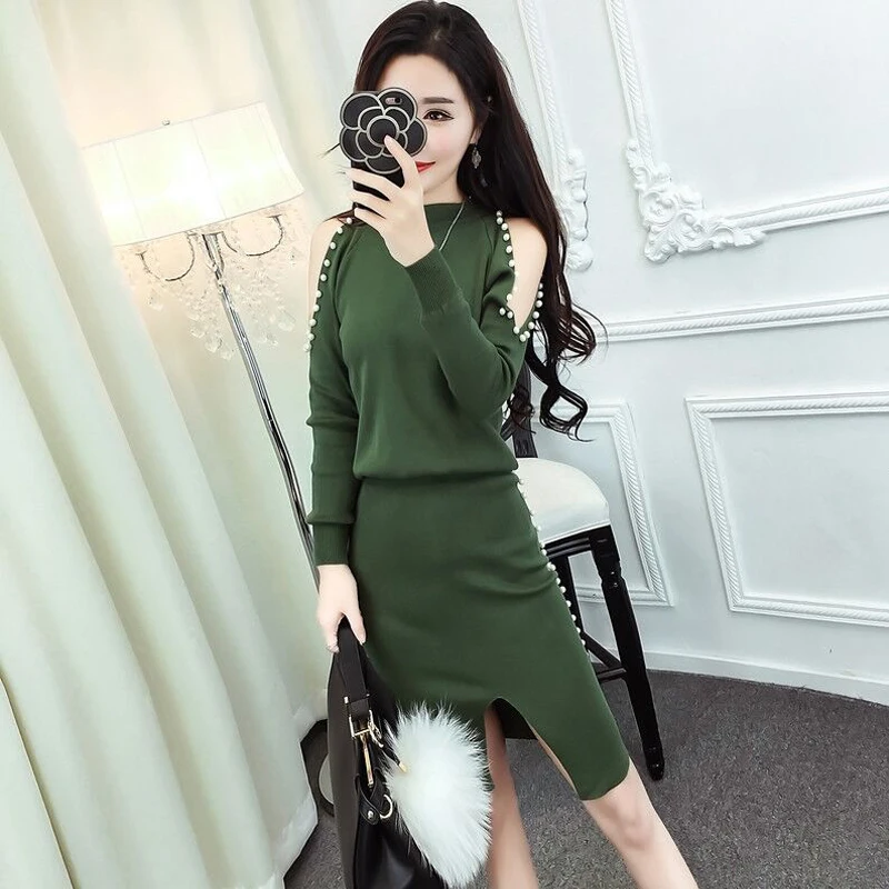 

LISM Womens Two Piece Sets 2019 Hollow Out Beading Pullover Sweater Femme+Slit Sexy Knitted Skirt Set Autumn 2 Piece Outfit