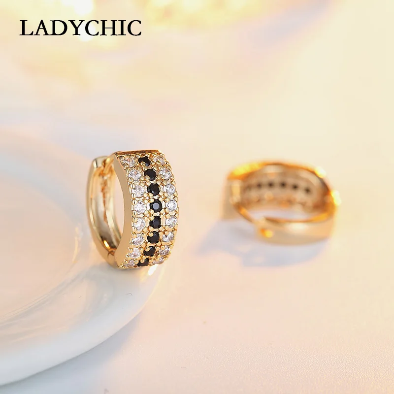 LADYCHIC,, золотой цвет, высокое качество, серьги-кольца, проложенные крошечным черным цирконием, женские свадебные/вечерние серьги, ювелирное изделие, LE1202