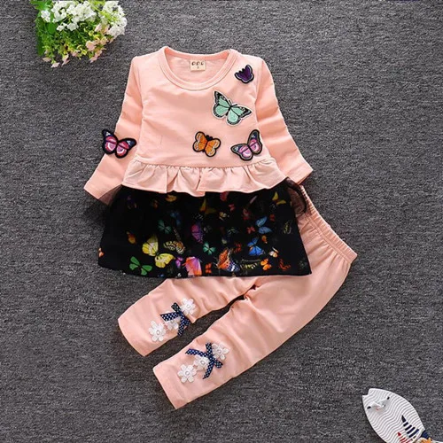 CHCDMP новорожденных девочек бабочка Костюмы комплекты хлопковая рубашка с длинными рукавами на осень+ брюки 2 шт. детская Костюмы - Цвет: Розовый