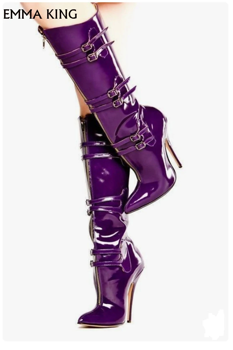 

New Sexy Purple Pointed Zipper High-Heeled Belt Buckle Botas Mujer High Tube Over-The-Knee Stiletto High Quality Shoes Woman