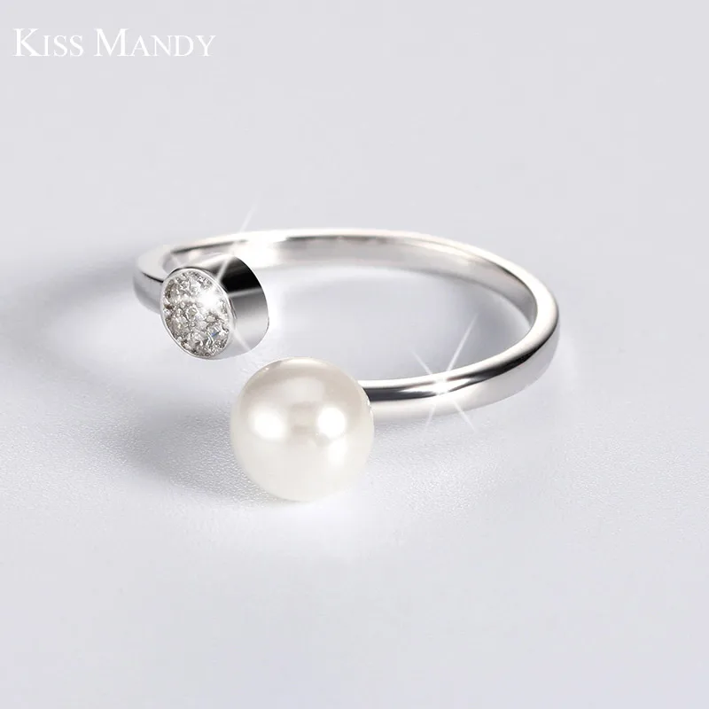 Кольцо KISS MANDY с регулируемым искусственным жемчугом, Стерлинговое серебро 925, ювелирное изделие, CZ проложенное кольцо для женщин, рождественский подарок, кольца KSR15