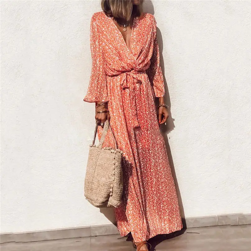 Fashion Women V-Neck Long Dress 2019 Flare Sleeve Elegant Bohemia Floral Print Bow Bandage Maxi Dress Vestidos Plus Size 3Y22 (3)