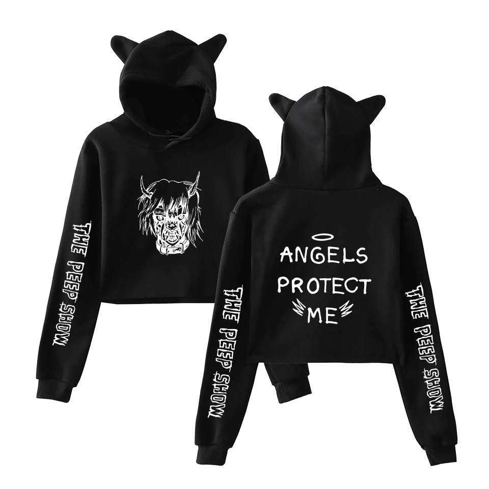 

Kpop Lil Peep Popular Rap Singer Cat Ears Cropped Hoodies sweatshirts Women ANGELS PROTECT ME Sexy Navel Pullover Crop Tops 2019
