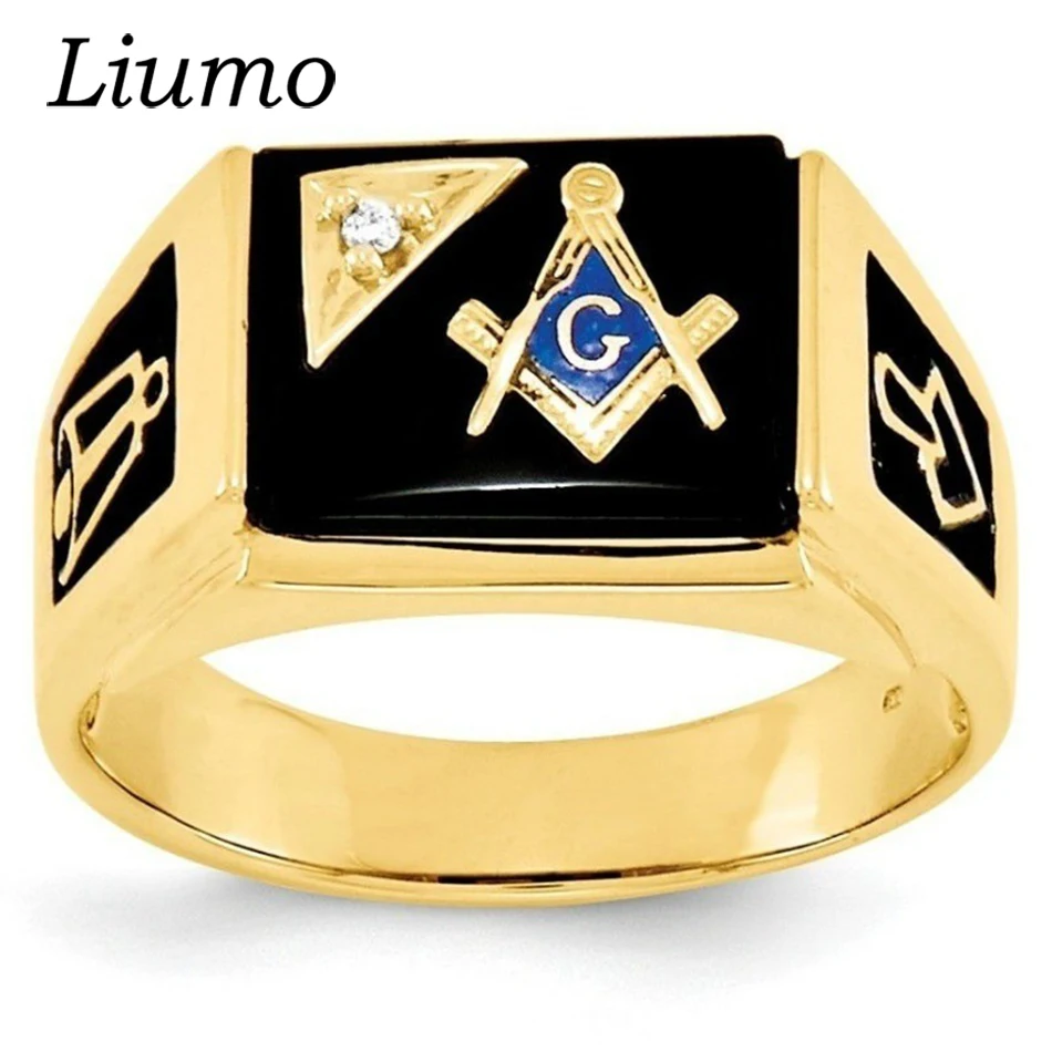 

Liumo Trendy Blue Gold Silver Color Masonic with Crystal Square Men Alloy Biker Ring Lr835