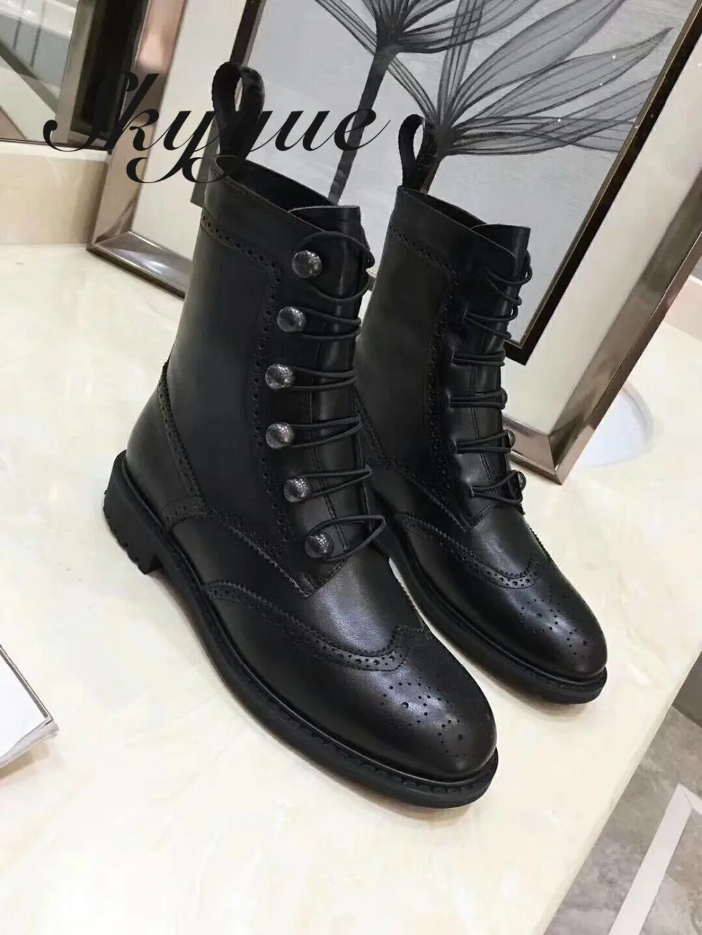 

SKYYUE New Genuine Leather Rome Gladiator Lace Up Women Boots Round Toe Low Heel Women Ankle Boots Shoes Women