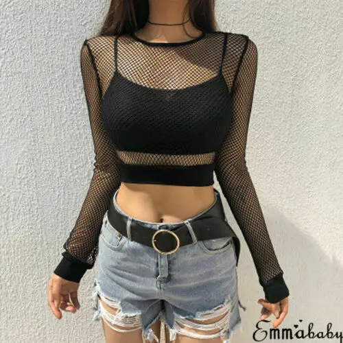 

2019 Newest Fahion Women Crop Tops Sexy T-Shirts Long Sleeve Fishnet Mesh Wear Soild Outwear Girls Ladies Clubwear Clothing