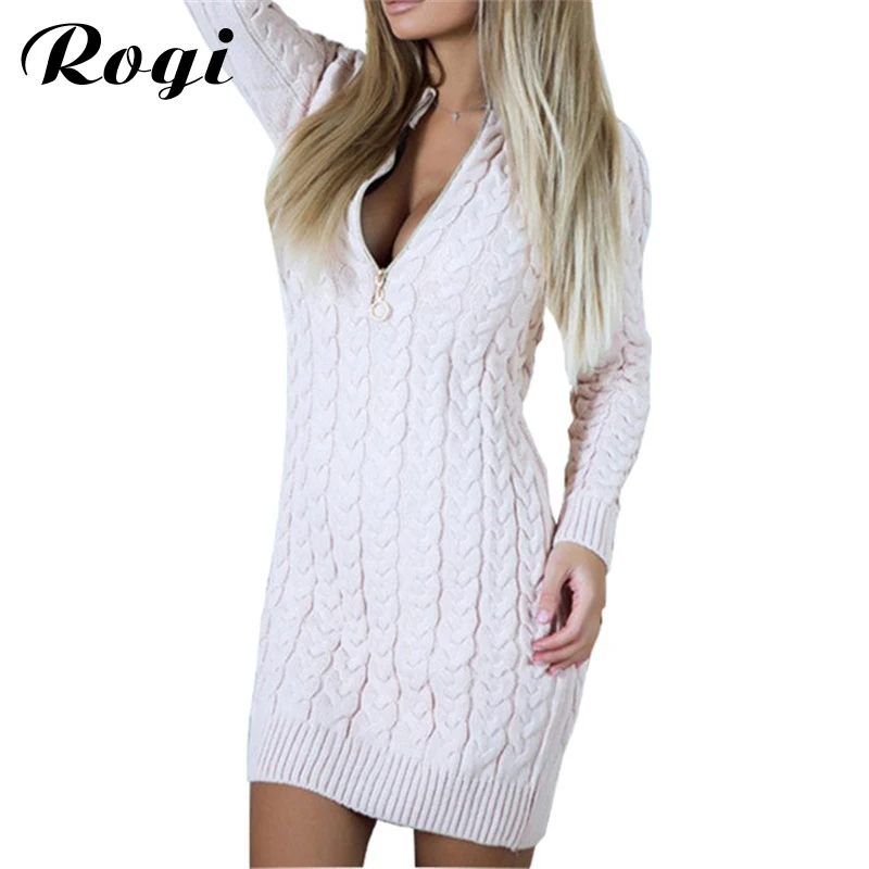 Rogi Vestido v образный вырез свитер на молнии облегающее платье для женщин 2019 осень