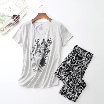 

Women Short Sleeves Pajamas Cotton Zebra Printing Sleepwear Plus Size Thin Pyjamas Loungewear Pijama Mujer S-3XL Ou code Clothes