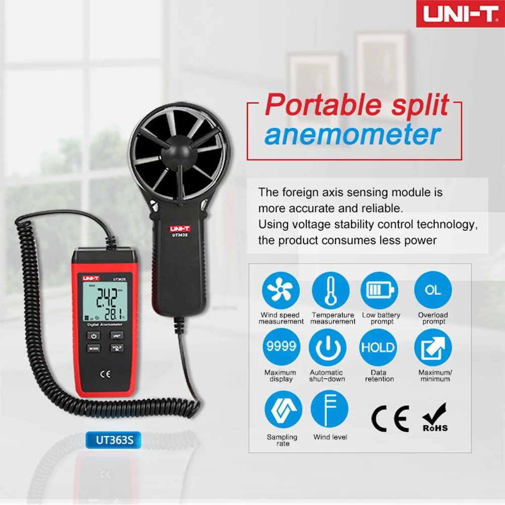 

UNI-T UT363S Mini Anemometer Wind Speed Temperature Tester LCD Display Air Flow Speed MAX/AVG Measurement Wind Level 1~12