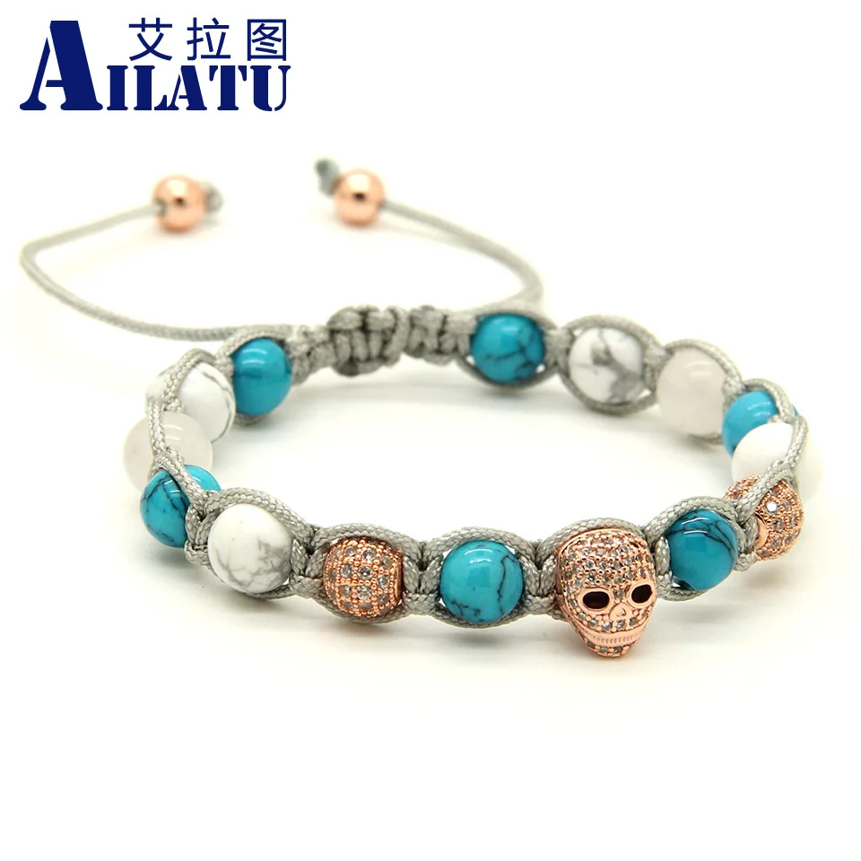 Ailatu 8 мм белый Howlite камень прозрачный CZ Сердце Череп Плетеный Европейский