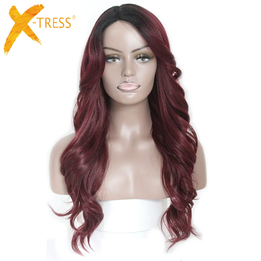 

Blonde 613 Ombre Color Lace Part Synthetic Hair Wigs With Bangs Heat Resistant Fiber X-TRESS Long Wavy Wig Side Part For Women