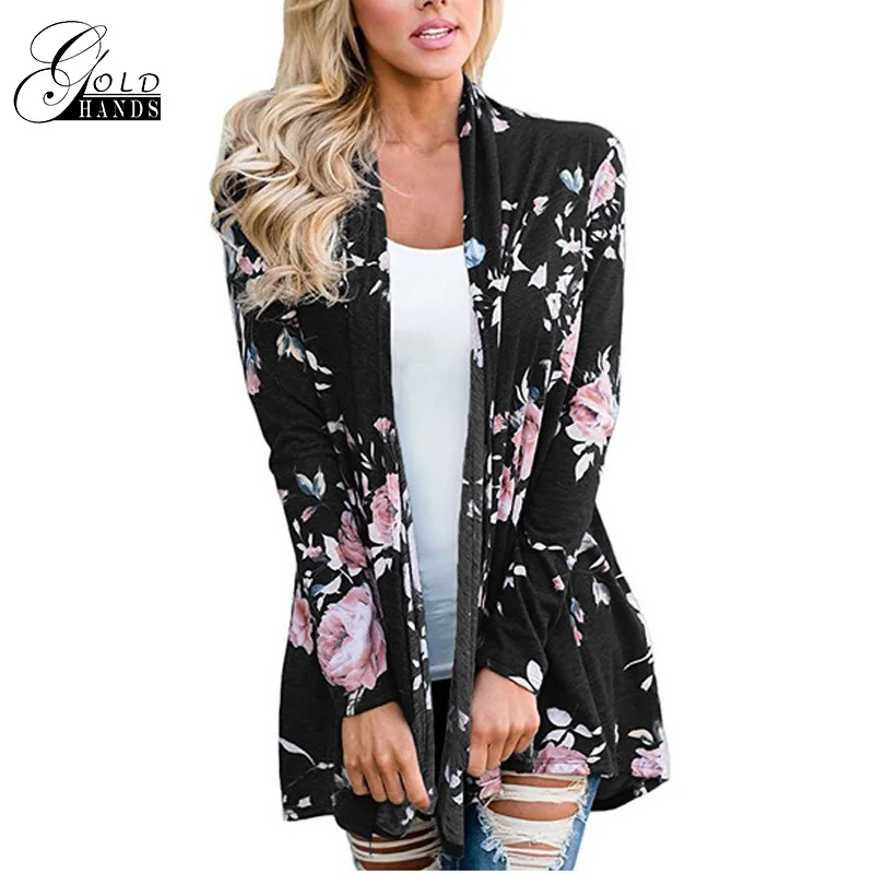 Gold Hands Womens Loose Outwear Floral Print Long Sleeve