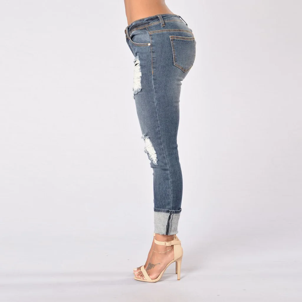 Однотонные офисные женские джинсы деним модные манжеты узкие с высокой талией рваные брюки-карандаш прикладочные брюки