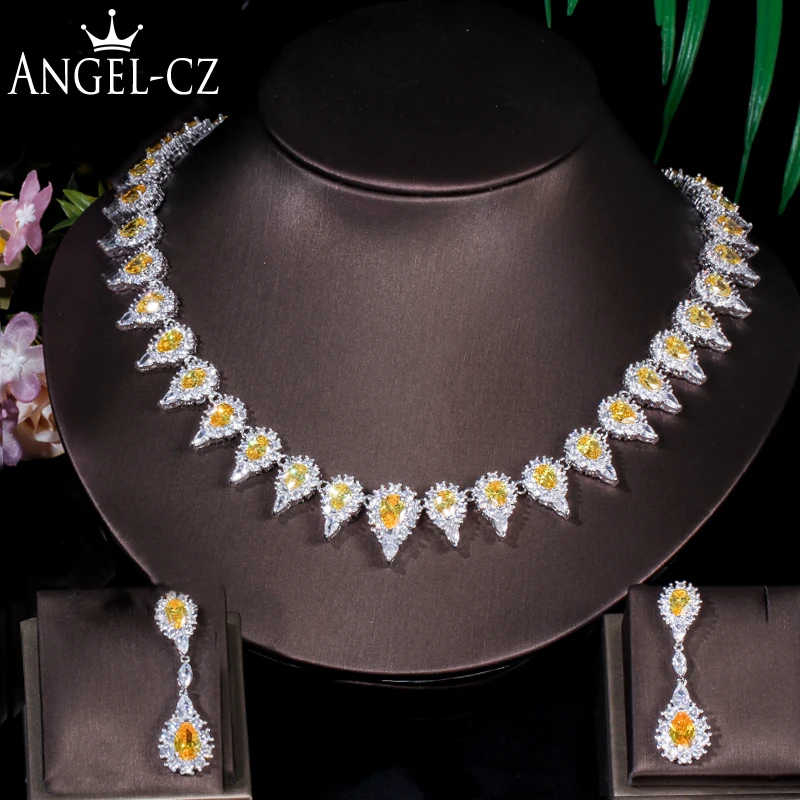 

ANGELCZ Shining CZ Micro Pave White Gold Color Yellow Crystal Stone Tear Drop Earrings Necklace Set Bridal Party Jewelry AJ145