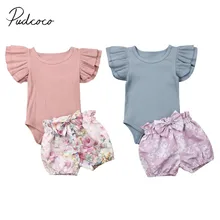 Коллекция года, летняя одежда для малышей хлопковая одежда для новорожденных девочек, комбинезон с оборками и рукавами в рубчик, топы и шорты комплект одежды из 2 предметов