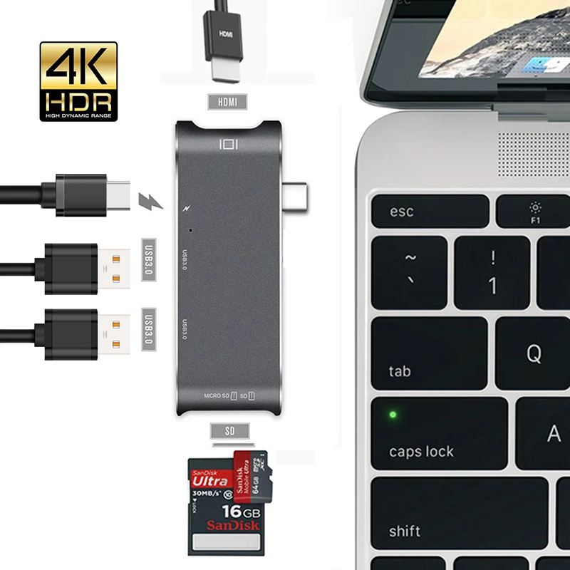 

USB Type C H-U-B to 4K HDMI 6 in 1 Multiport Adapter USB 3.0 USB-C to Type C Charging S-D/Micro S-D Card Reader for MacBook Pro