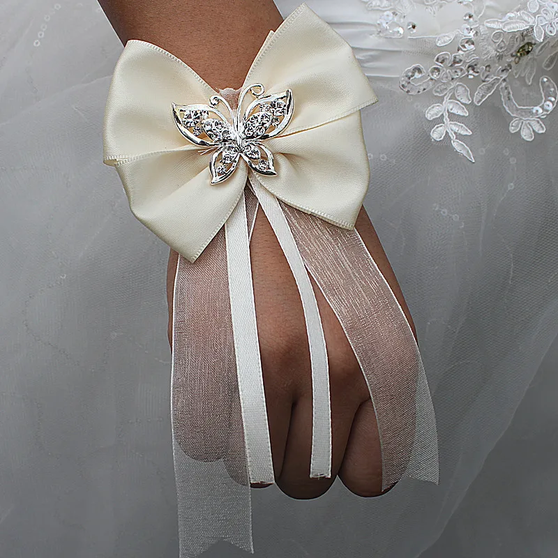 

6Piece/lot Wrist Corsage Party Butterfly Crystal Bridesmaid Bridal Prom Accessories Bowknot Ribbon Wrist Bontonniere W2101-7H