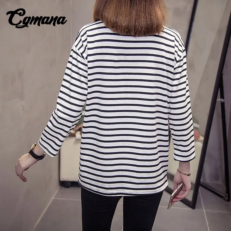 CGmana T-shirt Female 2018 New Women Autumn Korean Casual Loose Striped T Shirts Harajuku Cotton Long Sleeve Tops Tees Plus Size Tops