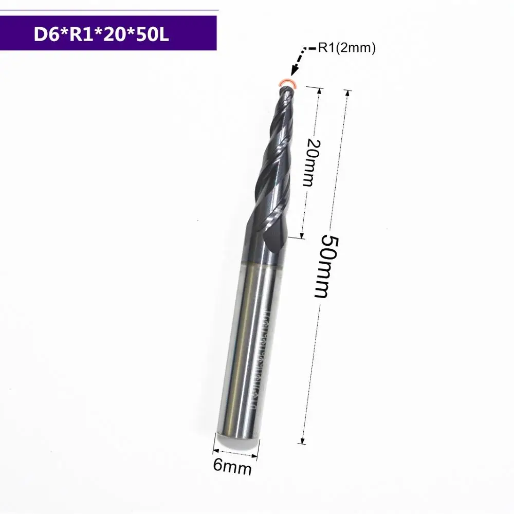 HRC55 solid carbide D6*R1*20*50L TiALN Coated Taper Ball Nose End Mill