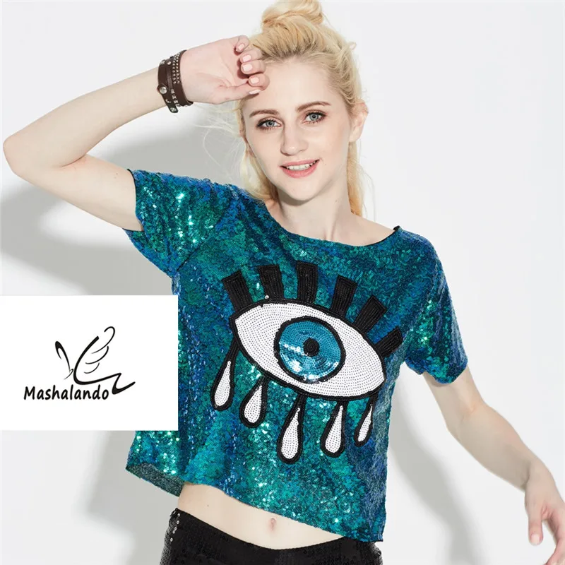 

Women Summer Short Sleeve Sequins Evil Eye Sparkle Glitter Hip Hop T-Shirt Short Top Stage Jazz Dance Costumes