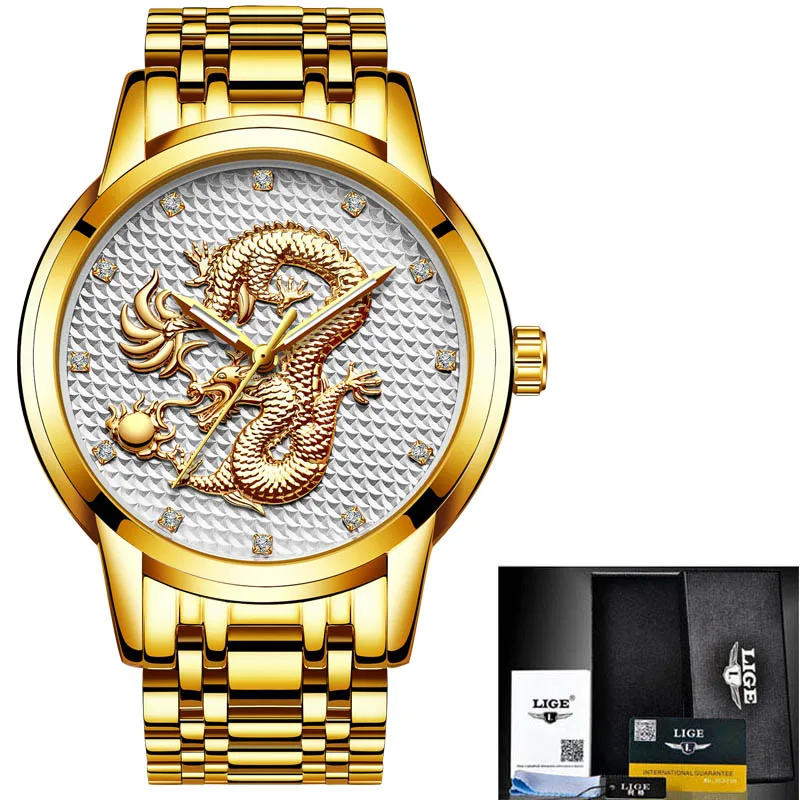 LIGE, мужские часы, Лидирующий бренд, Роскошные, кварцевые, Clcok, мужские, повседневные, водонепроницаемые, золотой дракон, полностью стальные, спортивные наручные часы, Relogio Masculino - Цвет: Full gold white
