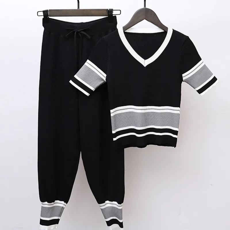 

2018 Korean Fashion Summer Women's Short sleeve Pullover Sweater + Knit Pants Two Piece Female Knitted Suit