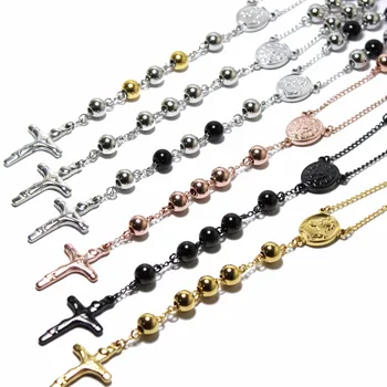 

4/6/8/10mm Wide Stainless Steel Jesus Cross Pendant Rosary Beads Chain Necklace Men's Jewelry Silver Gold Black Color