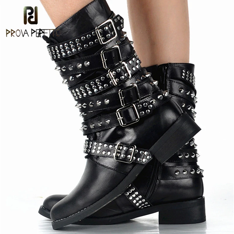 

Prova Perfetto British Style Leather Mid Boots Personality Full Rivets Design Boot Women Black Belt Buckle Martin Shoes Low Heel