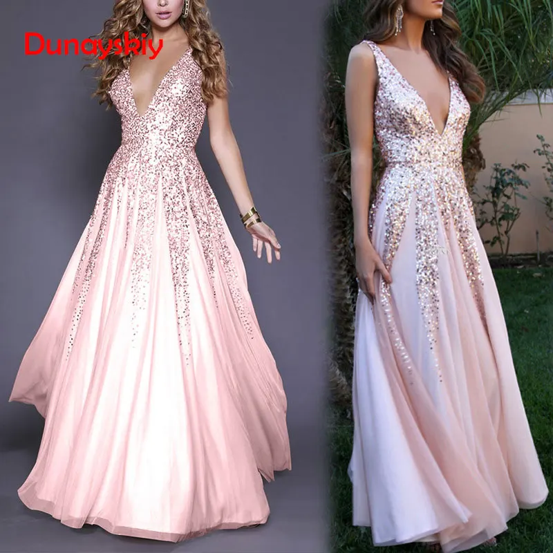 

2019 Long Dress Sexy V-neck Chiffon Dress Stitching Open Back Printed Sequins Long Dress Floor Lenght Pink