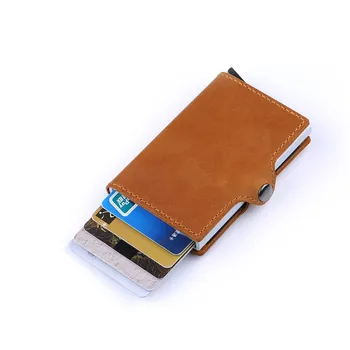 

New RFID Crazy Horse Leather Metal Card Wallet Aluminium Alloy Credit ID Card Holder Automatic Pop Up Business Card Case HB233