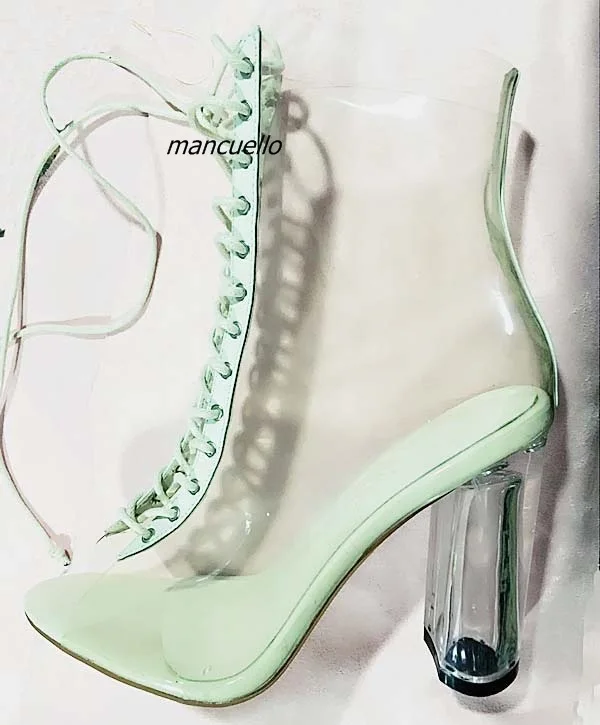 

Trendy Design Light Blue PVC Block Heel Booties Pretty Open Toe Clear Chunky Heel Ankle Boots Fashion Summer Wear Lace UpSandals