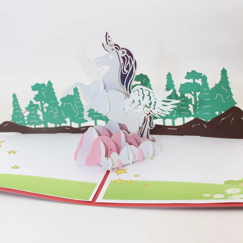  3D Handmade Color Print Cartoon Cloud-stepping Unicorn Paper Invitation Greeting Cards Postcard Kid - 33059742843