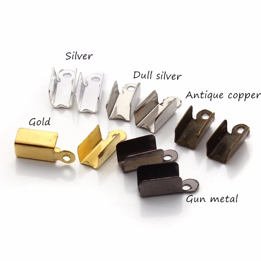 100Pcs Leather End Clasps Caps Silver/Gold/ Bronze Fold Over Crimp Cord