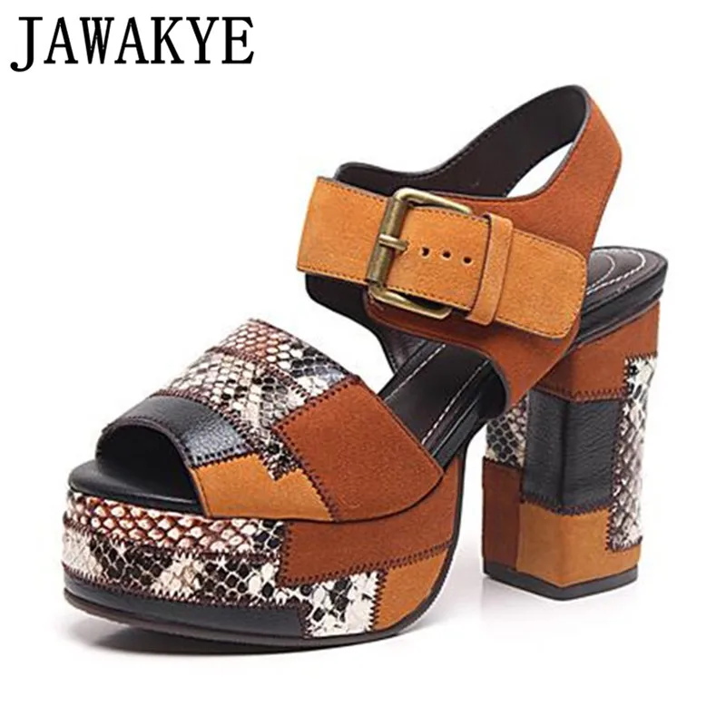 

Summer snakeskin mixed color Sandals Women Open Toe suede platform sandals buckle strap thick heel Party catwalk Shoes woman