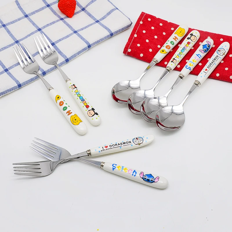 

5 Pcs Cartoon KT Melody Twin Stars Stitch Minnion Bear Mickey Minnie Frog Stainless Steel Ceramic Handle Fork