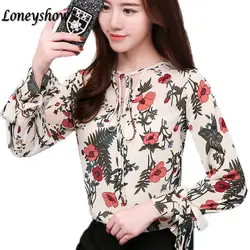 Элегантный цветочный принт шифоновая блузка для женщин с длинным Расклешенным рукавом футболки с лепестками Топы корректирующие Модные