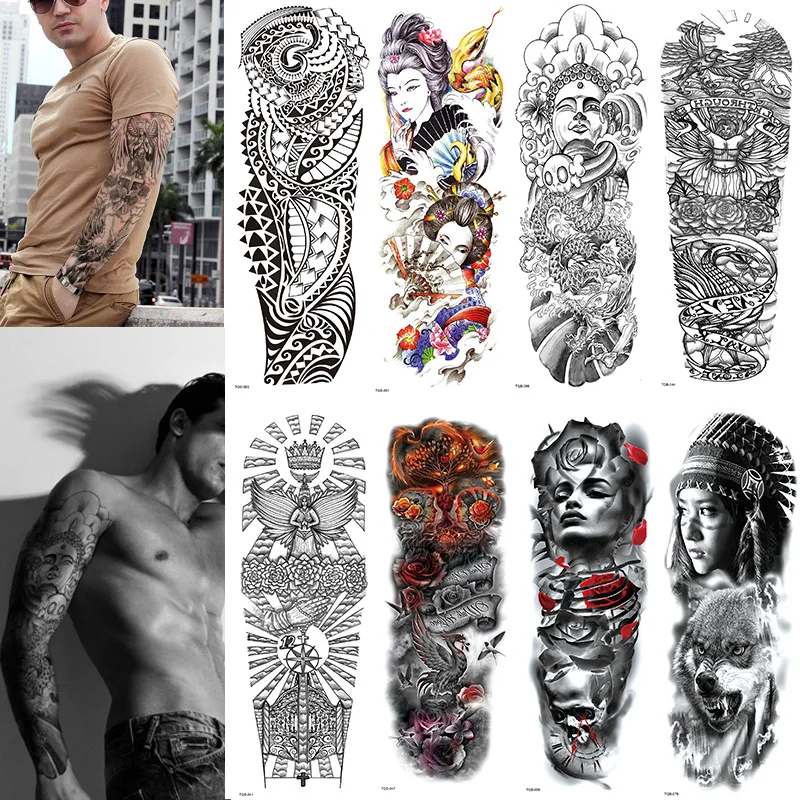 Большая рука рукав Татуировка непромокаемая временная татуировка наклейка Лес Тигр Лев полный цветок тату боди-арт тату девушка