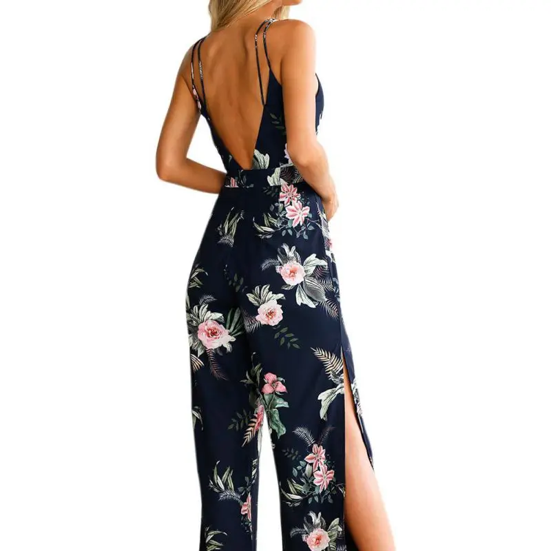 

2019 Fashion Women Split Floral Print Jumpsuit Sexy V-Neck Bow Lacing Sleeveless Jumpsuit Summer Romper