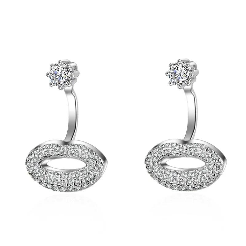 

JEXXI Unique Design Fashion Silver Lips Stud Earrings For Women With Clear Micro Rhinestone Sexy Earring For Party Jewelry