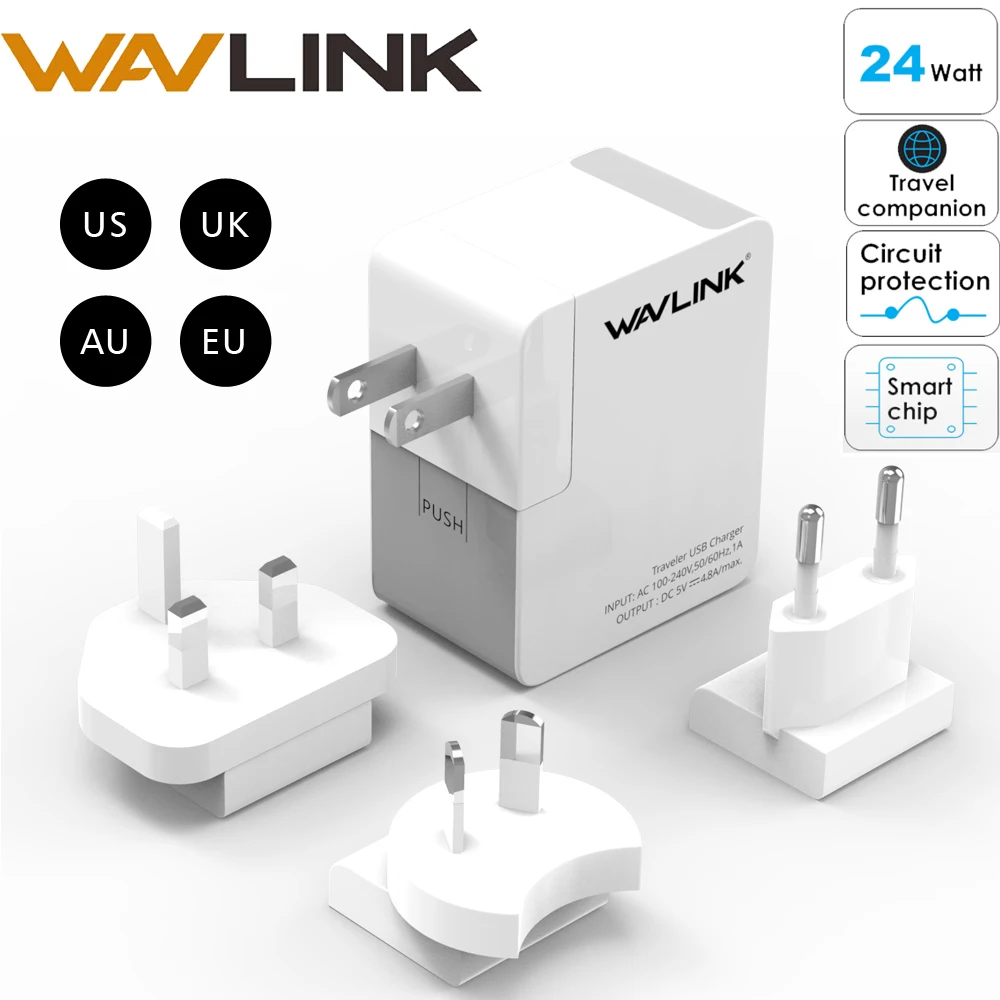 

USB Charger Universal Travel Wall Charger Adapter Dual Mobile Phone Charger 4.8A EU US UK AU Plug kit Wavlink for iPhone Samsung