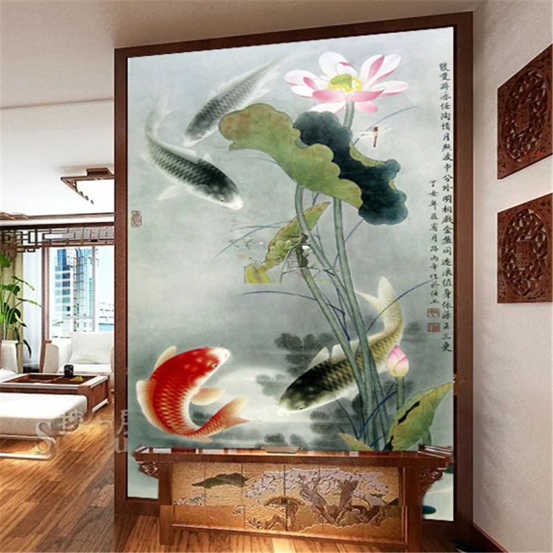 

beibehang papel de parede Large custom murals restaurant entrance corridor background of red carp lotus wallpaper