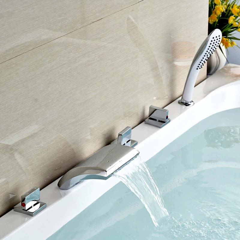 

Chrome 5 Holes Bathtub Faucet Waterfall Spout with Hand Spray Polished Chrome Bathroom Tub Faucet Deck Mounted