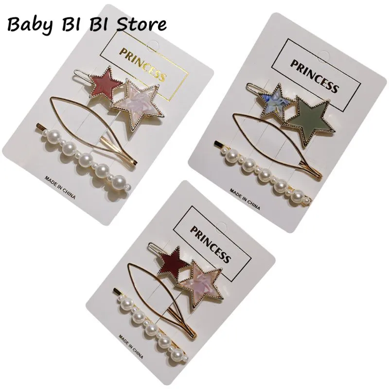 

3Pcs/Set Baby Girl Contrast Color Star Frog Bobby Pins Hollow Geometric Metallic Hair pins Imitation Pearl Beading Barrettes