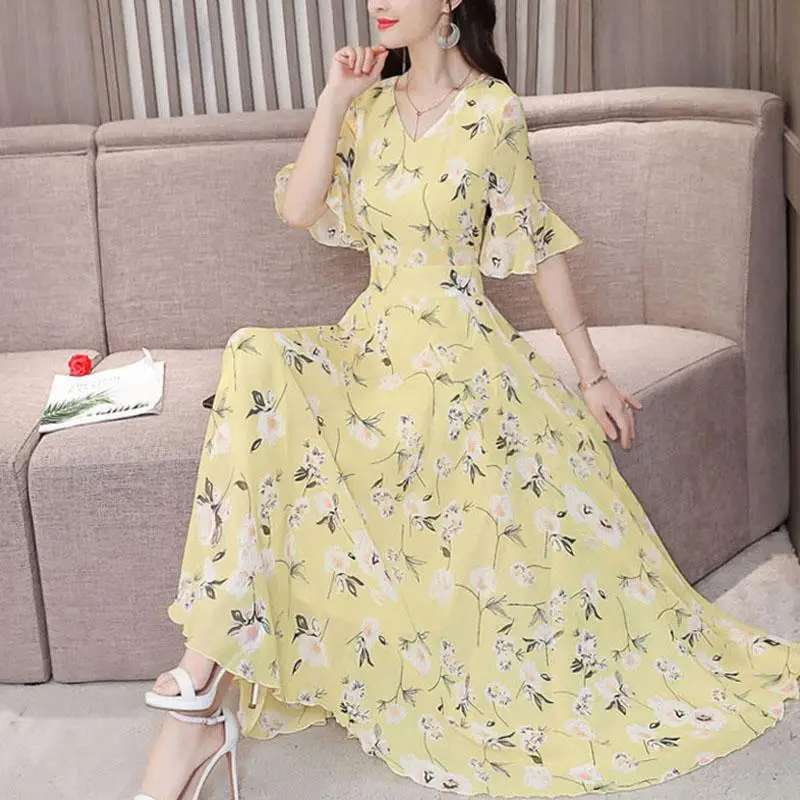 

Yfashion New Chiffon Summer Dress Women 2019 Fashion Lady Floral Flare Ruffles Sleeve Vacation Dresses Dress Female Vestidos
