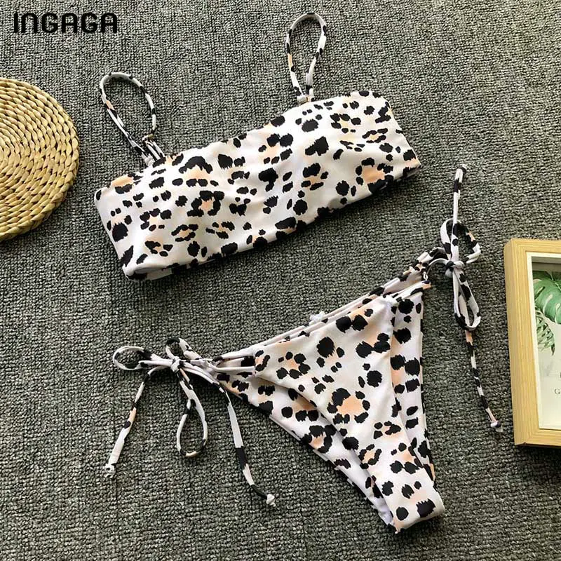 

INGAGA Leopard Print Bikini Bandeau Swimwear Women Push Up Biquini New Strap Swimsuit Tie-waist Bathing Suit Women 2019