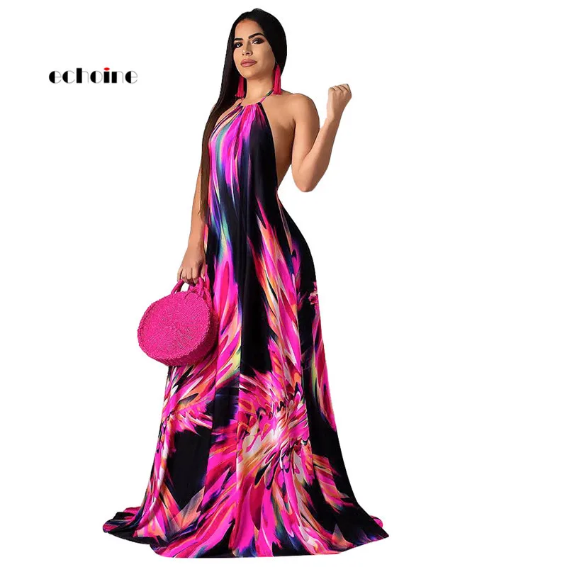 

Echoine Women Party Dress Sexy Floral Printed Stripe Spaghetti Straps Halter Bandage Backless Long Vestidos Floor-Length Apparel